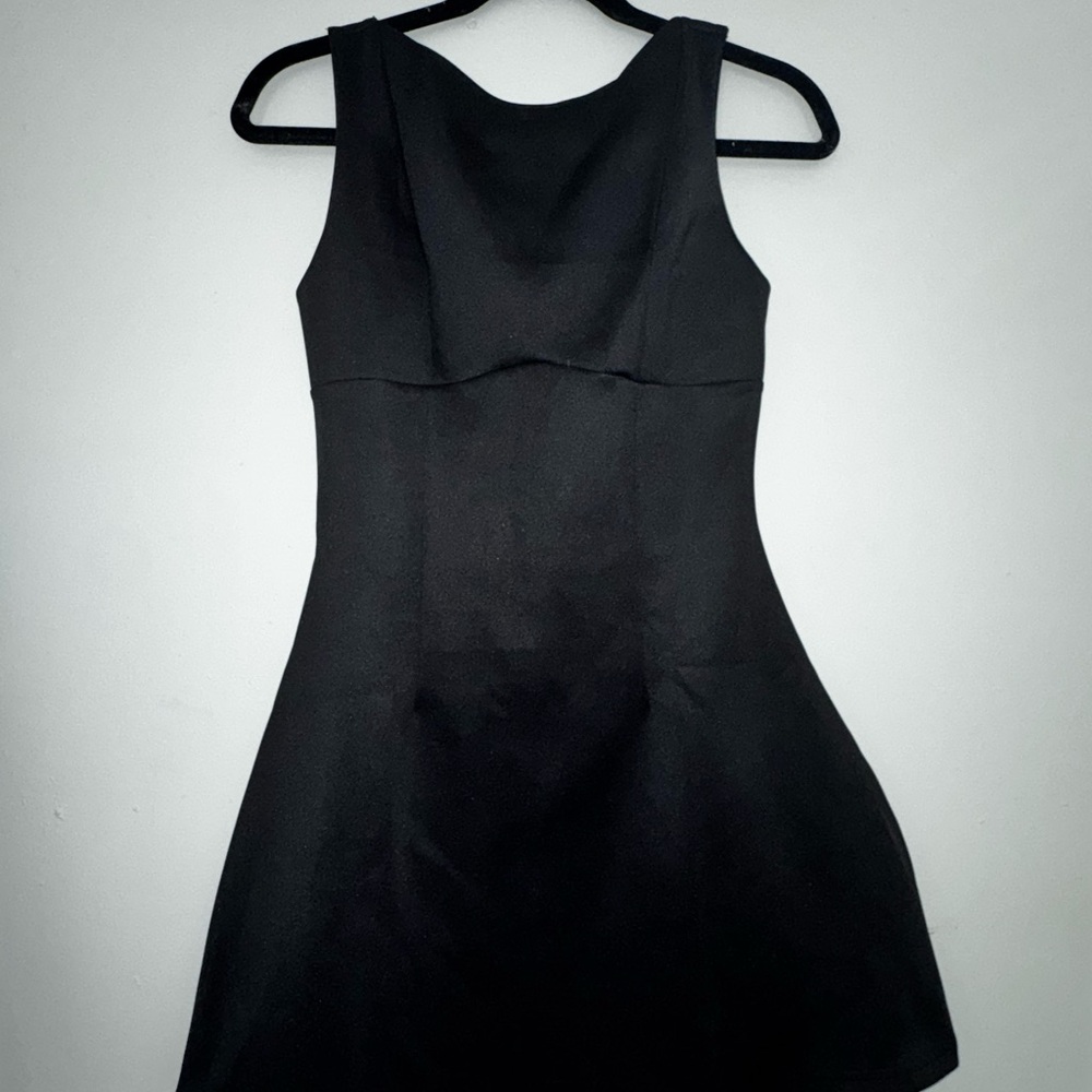 Black Polyester A-Line Mini Dress XS Sleeveless Round Neck Zip Solid